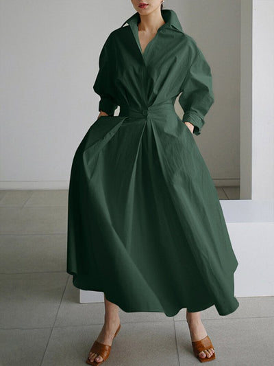 Maxi Dress - Turn Down Collar - V-Neck - Long Sleeve Dress - Elegant Dress-Grace Aura