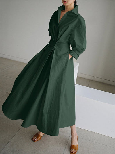 Maxi Dress - Turn Down Collar - V-Neck - Long Sleeve Dress - Elegant Dress-Grace Aura