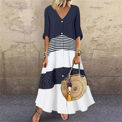 Maxi Dress - Women's Loose fit Striped Button-Up Dress-Grace Aura