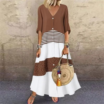 Maxi Dress - Women's Loose fit Striped Button-Up Dress-Grace Aura