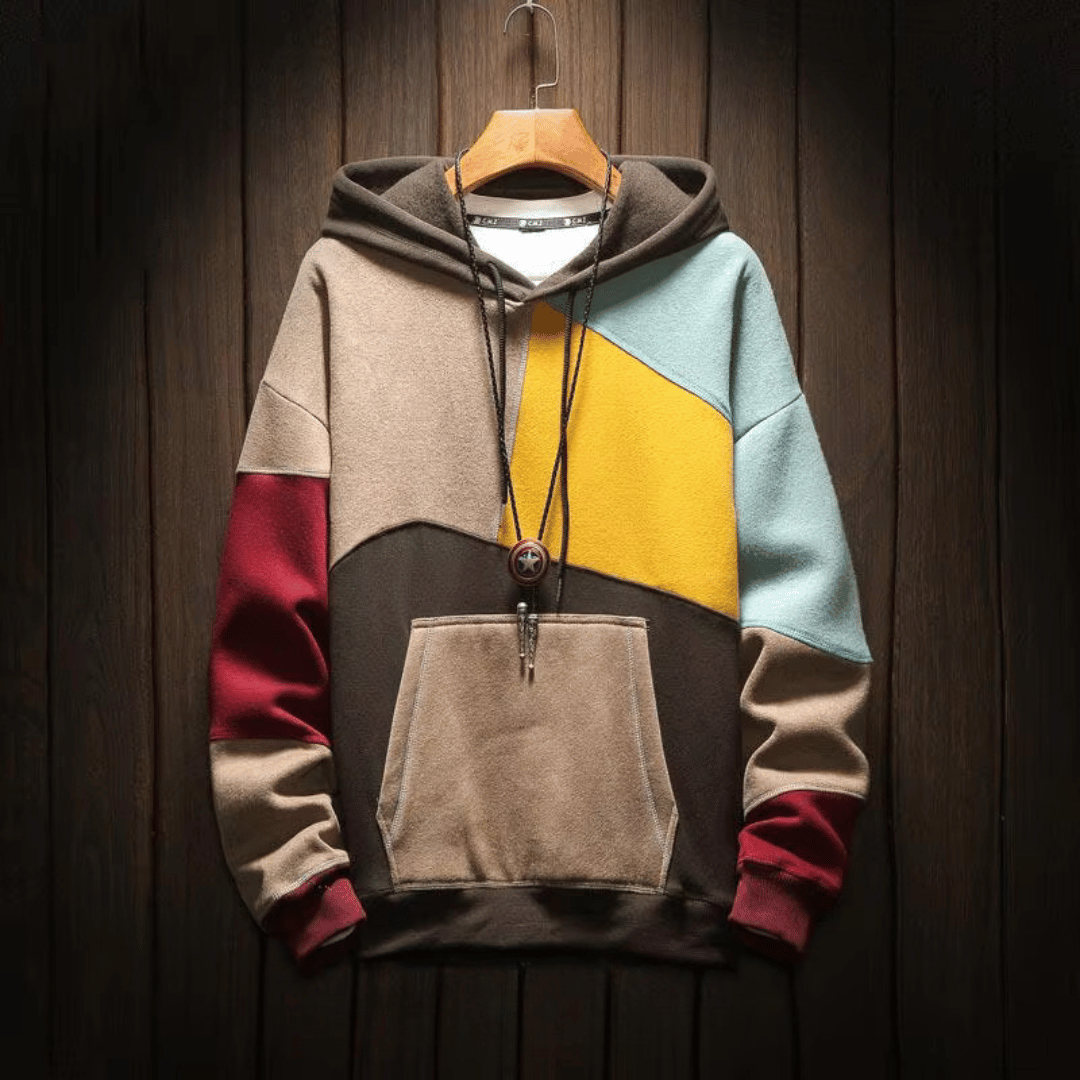 Men's Hoodie - Warm Oversized Patchwork Pullover Hoodie-Grace Aura