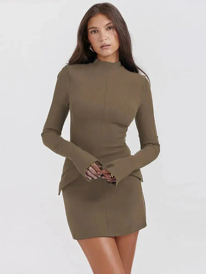 Mini Dress - High Neck - Long Sleeve - Turtleneck Dress - Elegant Dress-Grace Aura