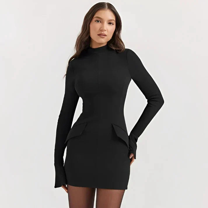 Mini Dress - High Neck - Long Sleeve - Turtleneck Dress - Elegant Dress-Grace Aura