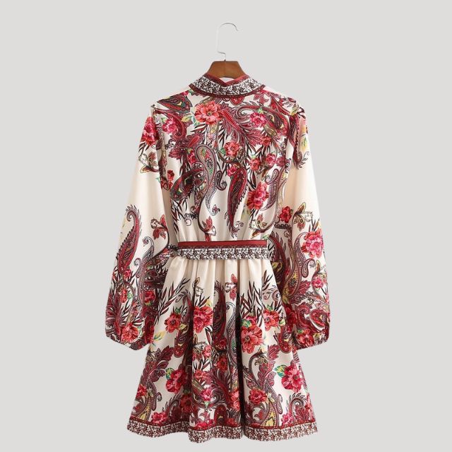 Mini Dress - Paisley Print - Belt - Long Sleeve Dress - V-Neck Dress-Grace Aura