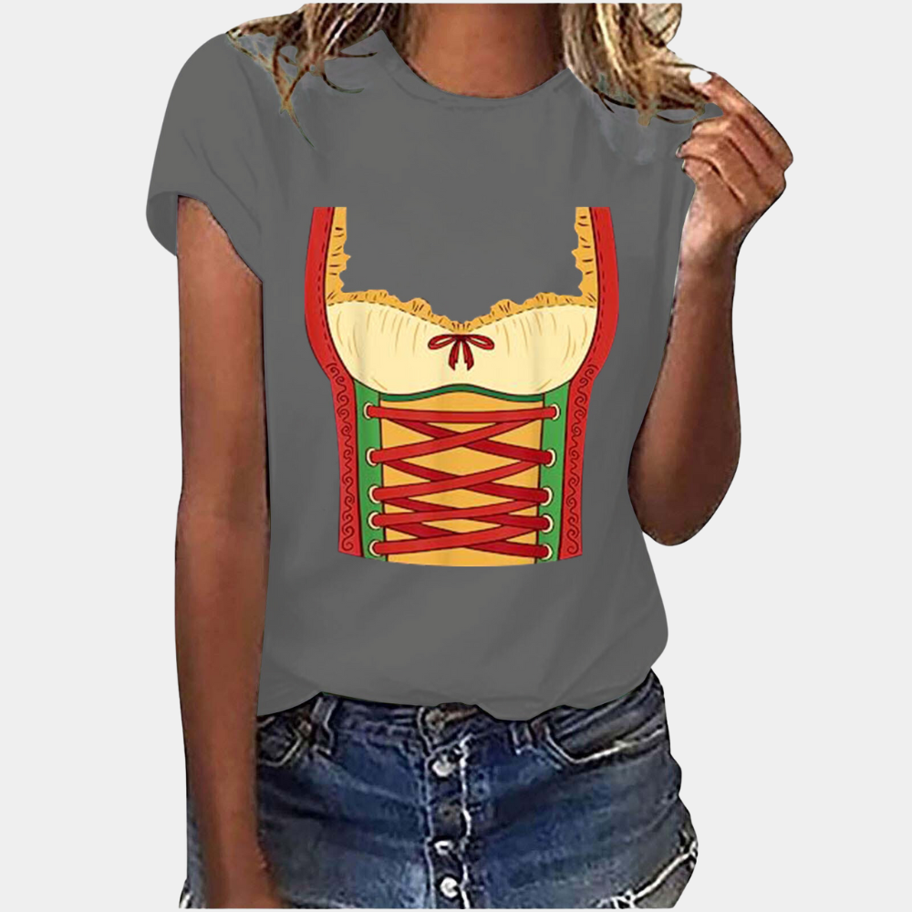 Octoberfest T-Shirt - Short Sleeve - Dirndl Print - Octoberfest Shirts - Women's Clothing-Grace Aura