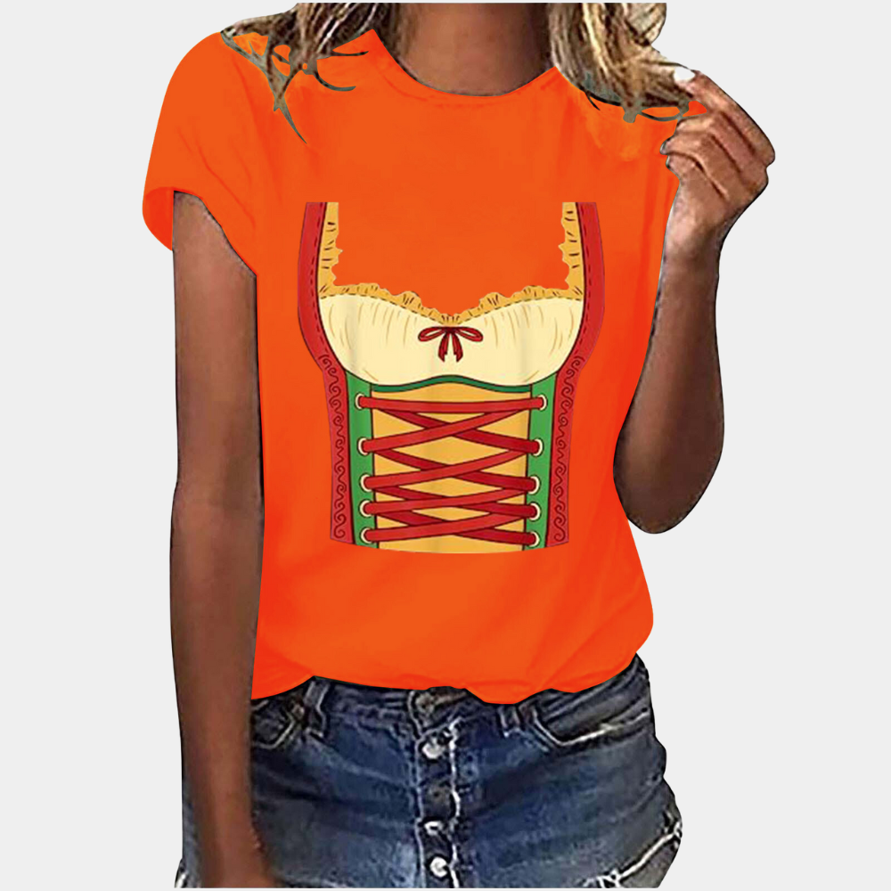 Octoberfest T-Shirt - Short Sleeve - Dirndl Print - Octoberfest Shirts - Women's Clothing-Grace Aura