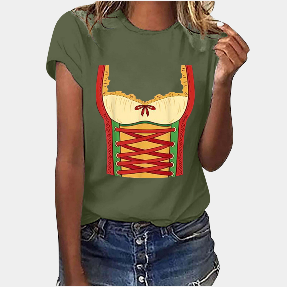 Octoberfest T-Shirt - Short Sleeve - Dirndl Print - Octoberfest Shirts - Women's Clothing-Grace Aura