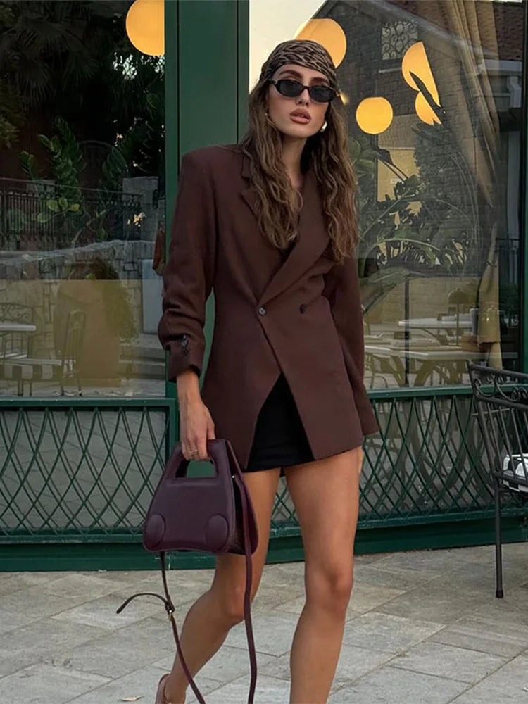 Oversized Blazer | Double Breasted | Brown | Blazer Jacket | Women's Blazer-Grace Aura