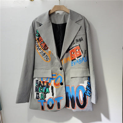 Oversized Blazer | Gray | Printed | Blazer Jacket | Women's Blazer-Grace Aura