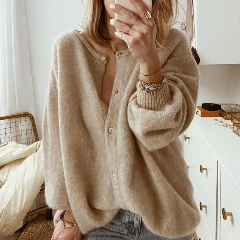 Oversized Cardigan | Beige | Button-Up | Knit Cardigan | Women's Knitwear-Grace Aura