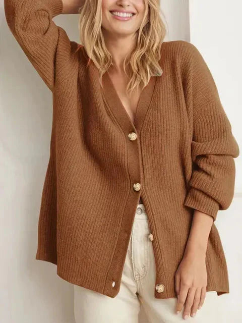 Oversized Cardigan | Button-Up | V-Neck | Knit Chunky Cardigan | Women's Knitwear-Grace Aura