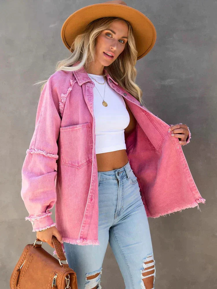 Oversized Denim Jacket - Loose Fit - Ripped - Jean Jacket - Women's Jacket-Grace Aura