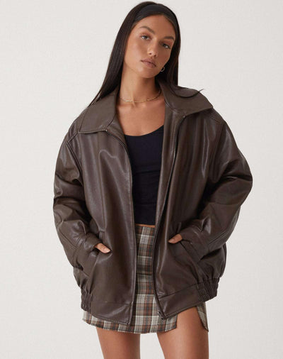 Oversized Jacket | Faux Leather | Zip-Up | Leatherette Jacket | Women's Jackets-Grace Aura