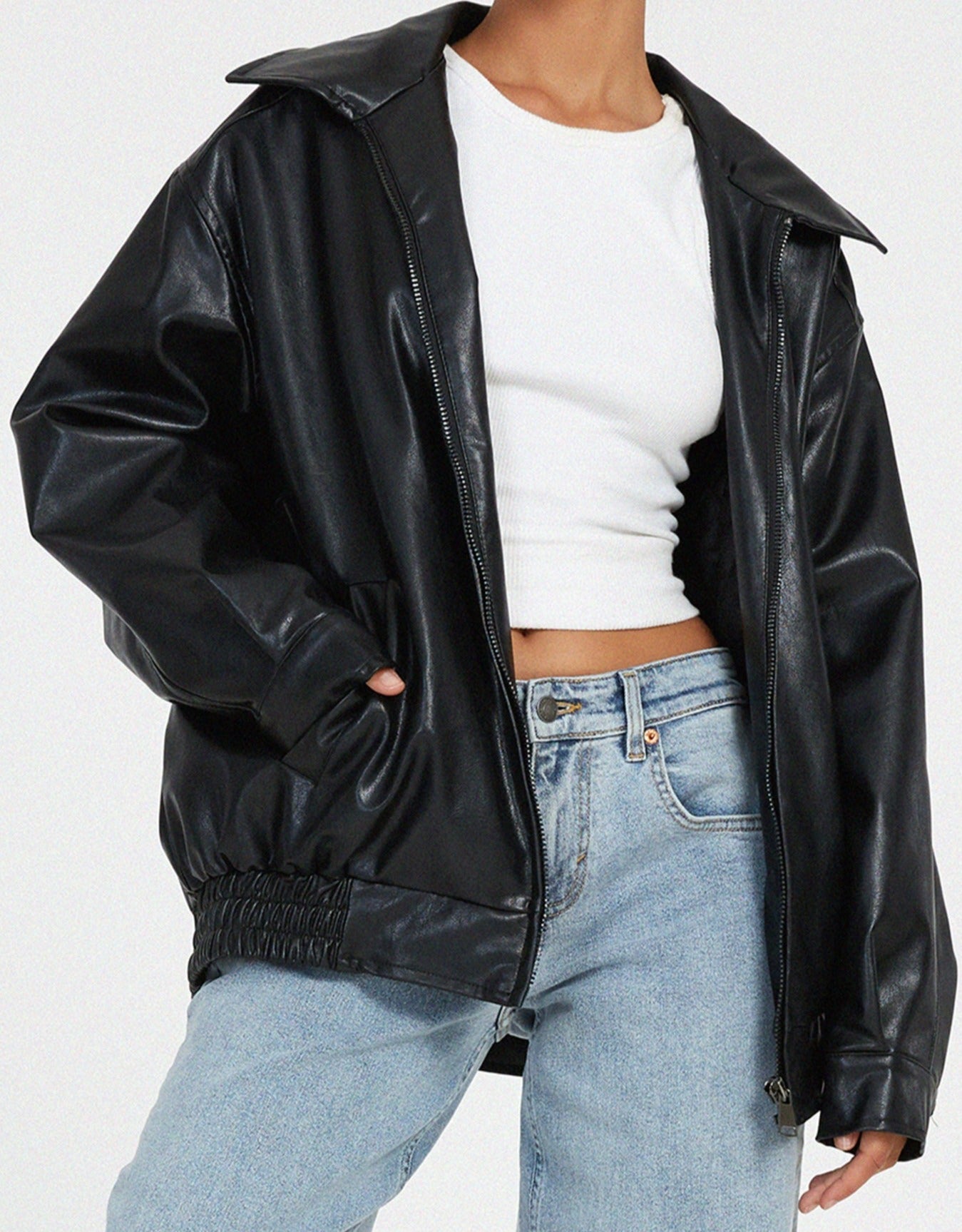 Oversized Jacket | Faux Leather | Zip-Up | Leatherette Jacket | Women's Jackets-Grace Aura