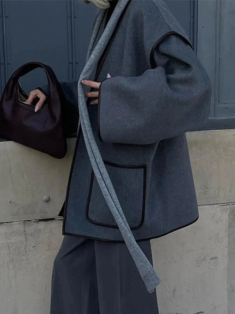 Oversized Jacket | Gray | Belt | Autumn Jacket | Women's Jackets -Grace Aura