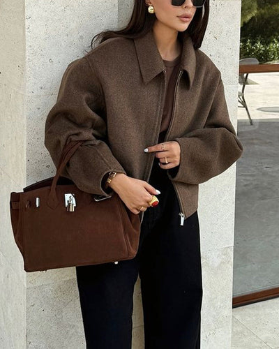 Oversized Jacket - Women's Brown Zip-Up Autumn Jacket-Grace Aura