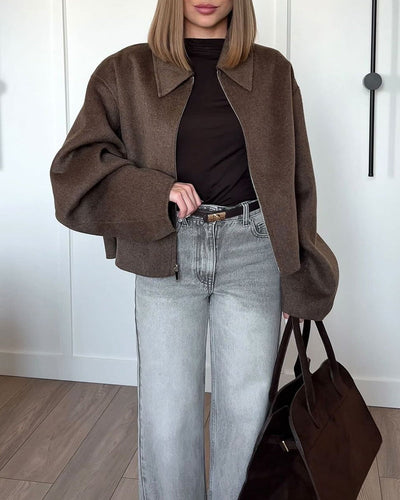 Oversized Jacket - Women's Brown Zip-Up Autumn Jacket-Grace Aura