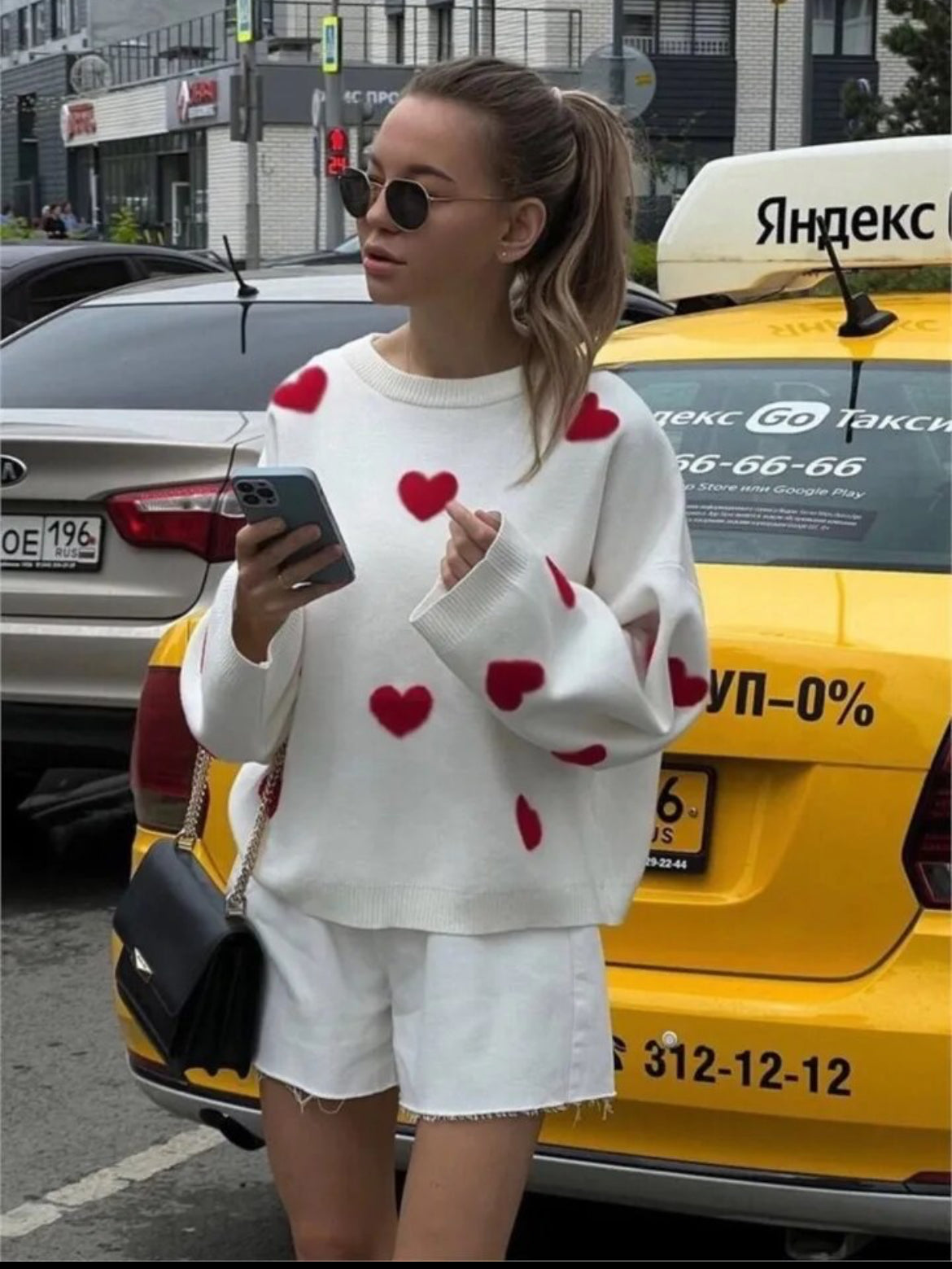 Oversized Sweater - Heart Print - Cozy Sweater - Women's Clothing-Grace Aura