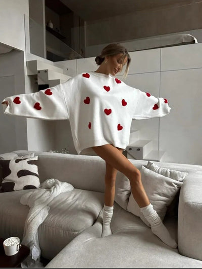 Oversized Sweater - Heart Print - Cozy Sweater - Women's Clothing-Grace Aura