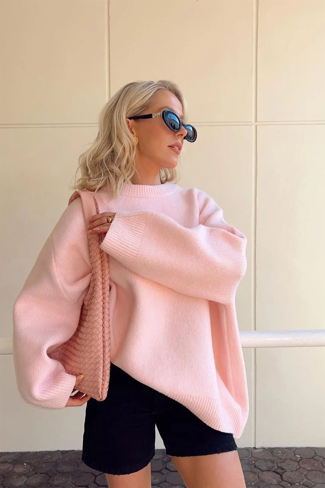 Oversized Sweater - Ladies Warm Pink Knitted Pullover Sweater-Grace Aura