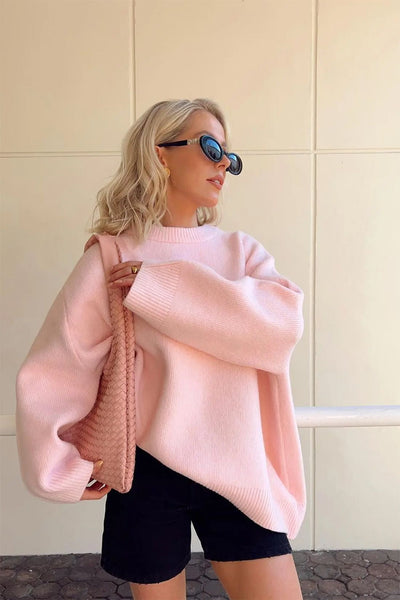 Oversized Sweater - Ladies Warm Pink Knitted Pullover Sweater-Grace Aura