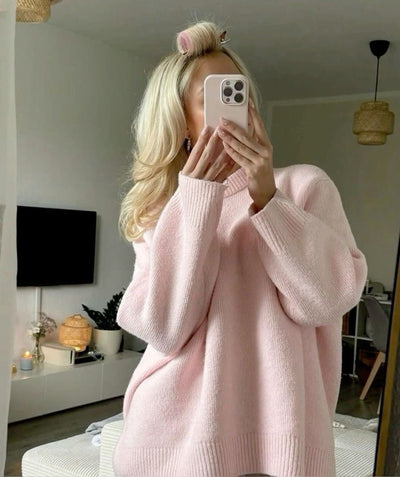 Oversized Sweater - Ladies Warm Pink Knitted Pullover Sweater-Grace Aura