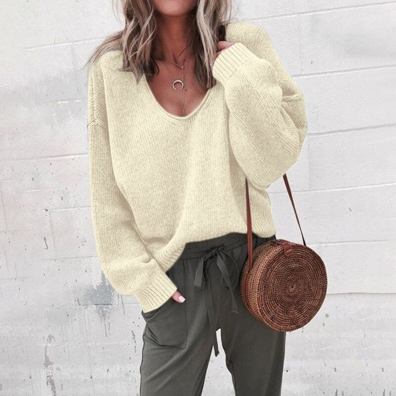 Oversized Sweater | V-Neck | Loose Fit | Knitted Sweater | Women's Clothing-Grace Aura