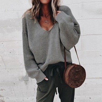 Oversized Sweater | V-Neck | Loose Fit | Knitted Sweater | Women's Clothing-Grace Aura