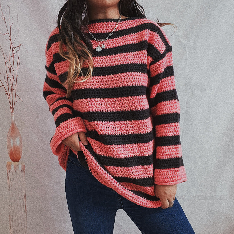 Oversized Sweater - Women's Cozy Striped Knitted Pullover Sweater for Winter-Grace Aura