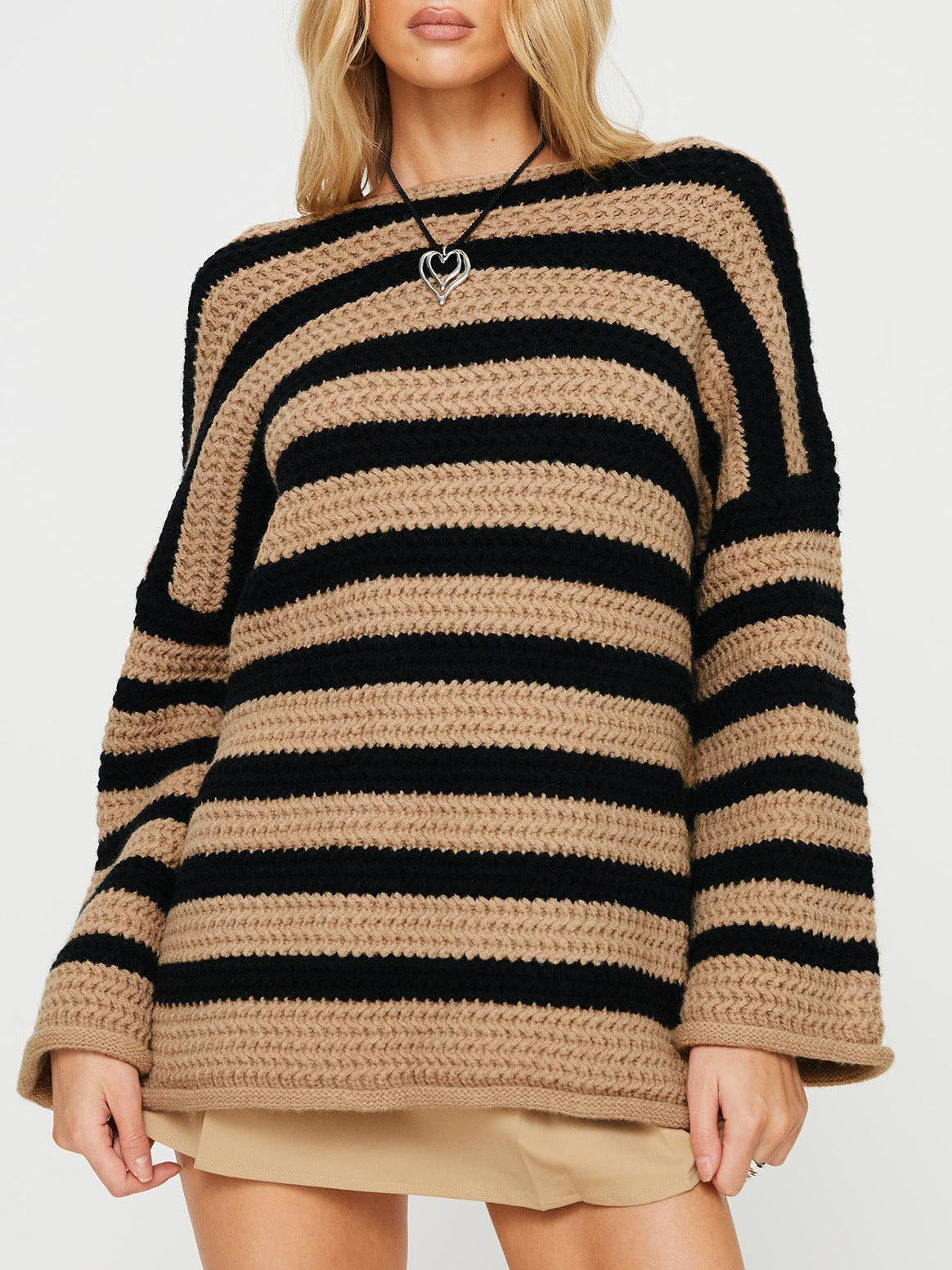 Oversized Sweater - Women's Cozy Striped Knitted Pullover Sweater for Winter-Grace Aura