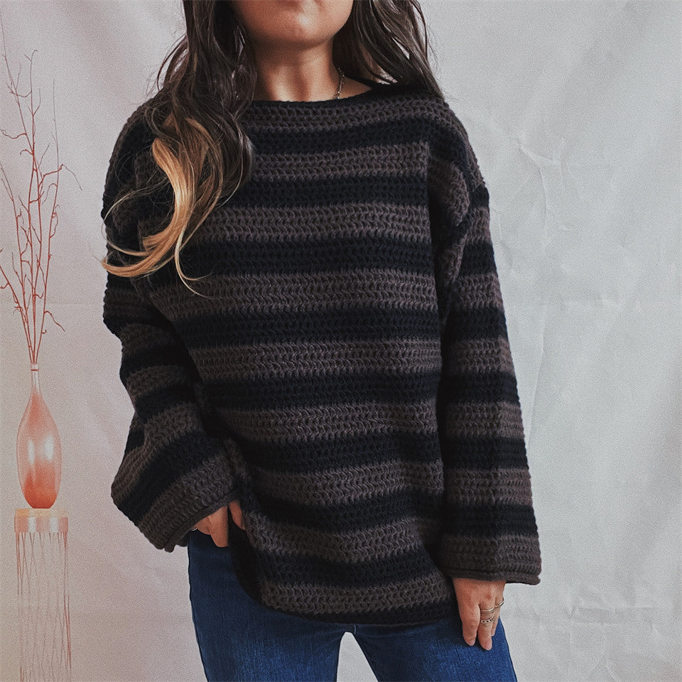 Oversized Sweater - Women's Cozy Striped Knitted Pullover Sweater for Winter-Grace Aura