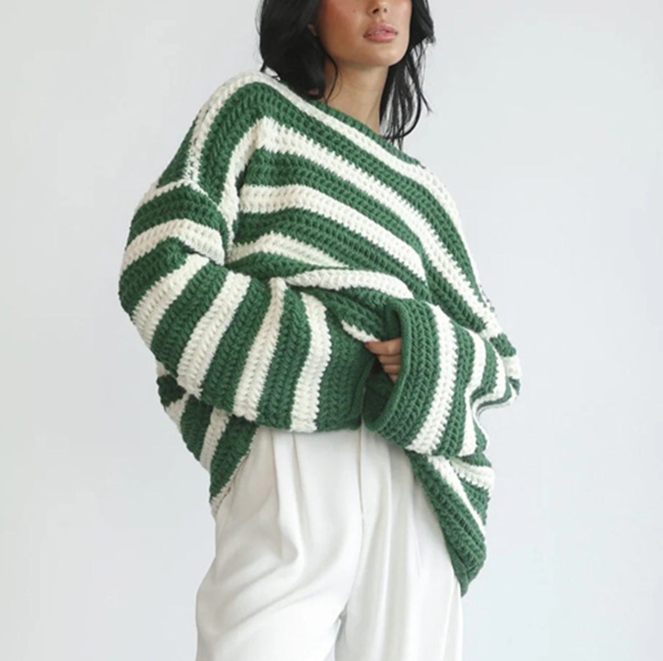 Oversized Sweater - Women's Cozy Striped Knitted Pullover Sweater for Winter-Grace Aura