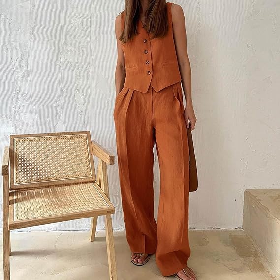 Pants and Vest Set | Sleeveless | Wide Leg Pants | Two-Piece Set | Women's Co-Ord Set-Grace Aura