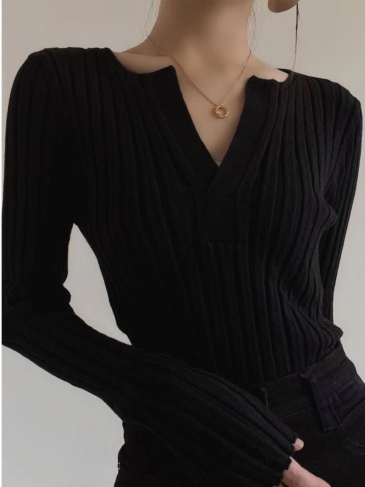 Ribbed Sweater - Long Sleeve - Knitted - V-Neck Jumper - Women's Clothing-Grace Aura