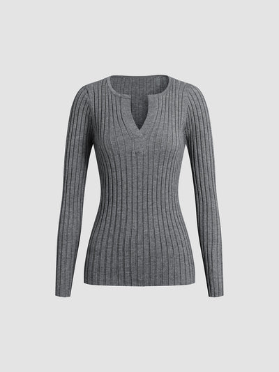 Ribbed Sweater - Long Sleeve - Knitted - V-Neck Jumper - Women's Clothing-Grace Aura