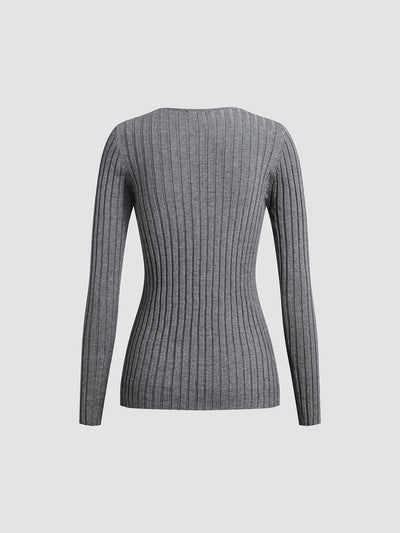 Ribbed Sweater - Long Sleeve - Knitted - V-Neck Jumper - Women's Clothing-Grace Aura