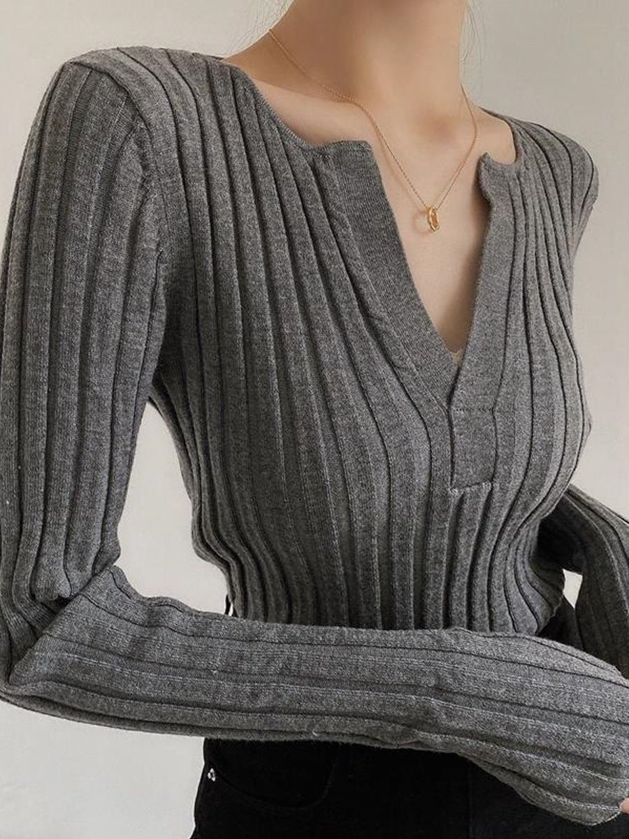 Ribbed Sweater - Long Sleeve - Knitted - V-Neck Jumper - Women's Clothing-Grace Aura