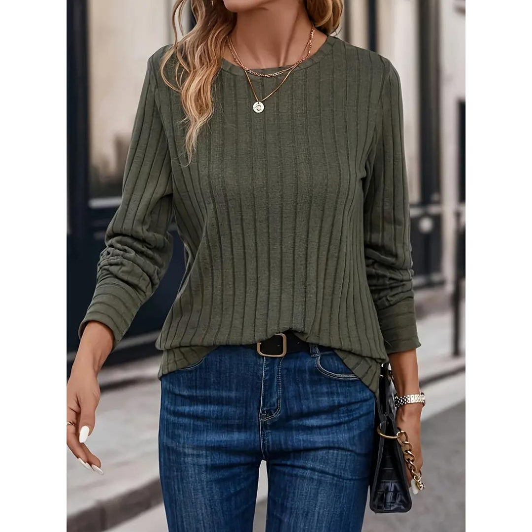 Ribbed Sweater - Pullover - Loose Fit - Long Sleeve Top - Women's Clothing-Grace Aura