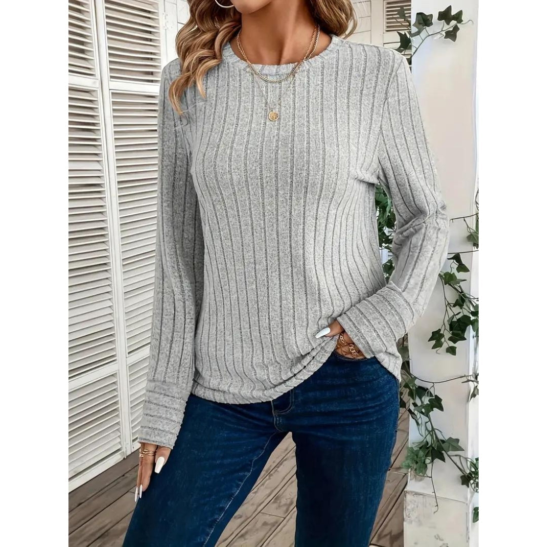 Ribbed Sweater - Pullover - Loose Fit - Long Sleeve Top - Women's Clothing-Grace Aura