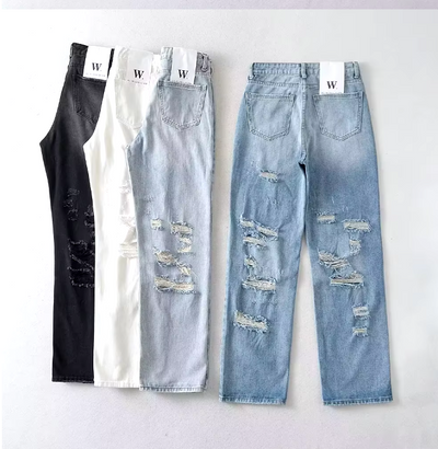 Ripped Jeans - Loose Fit - Straight Leg - High Waisted Jeans - Women's Jeans-Grace Aura