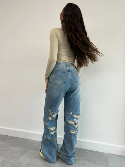 Ripped Jeans - Loose Fit - Straight Leg - High Waisted Jeans - Women's Jeans-Grace Aura