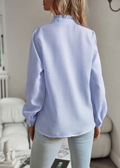 Ruffle Blouse - Long Sleeve - Loose Fit - Button-Up Tops - Button-Up Shirt Women-Grace Aura