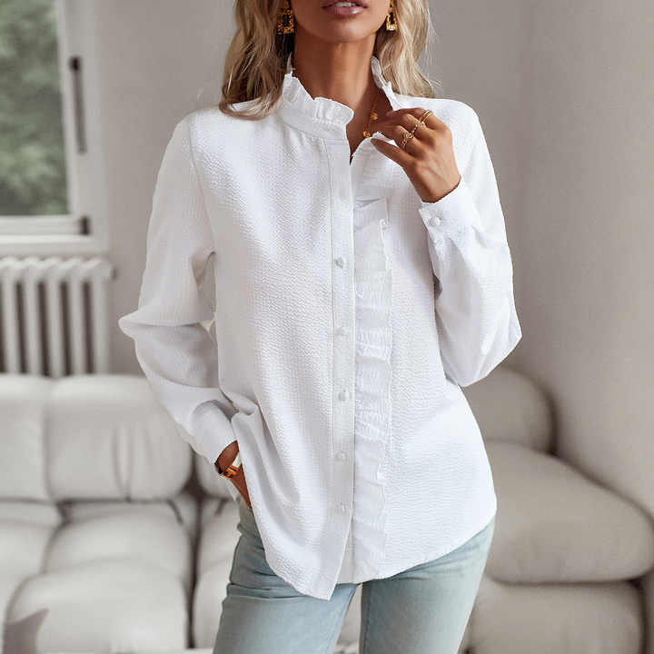 Ruffle Blouse - Long Sleeve - Loose Fit - Button-Up Tops - Button-Up Shirt Women-Grace Aura