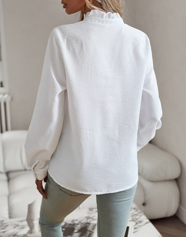 Ruffle Blouse - Long Sleeve - Loose Fit - Button-Up Tops - Button-Up Shirt Women-Grace Aura