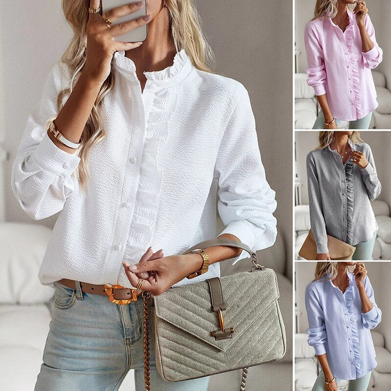 Ruffle Blouse - Long Sleeve - Loose Fit - Button-Up Tops - Button-Up Shirt Women-Grace Aura