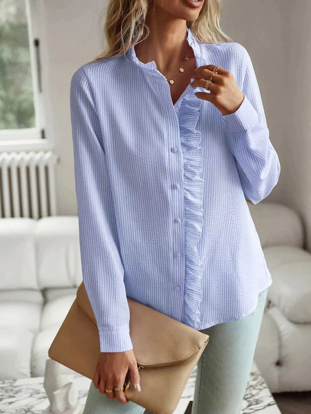 Ruffle Blouse - Long Sleeve - Striped - Button-Up Blouse - Ladies Button-Up Shirts-Grace Aura