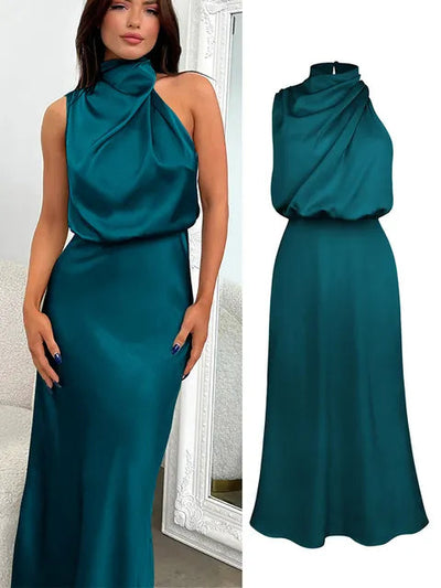 Satin Dress - Sleeveless - High Neck - Midi Dress - Elegant Dress-Grace Aura