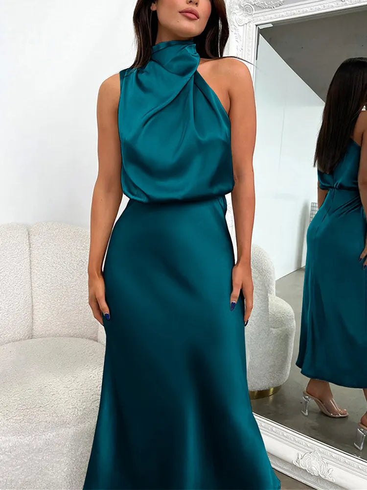 Satin Dress - Sleeveless - High Neck - Midi Dress - Elegant Dress-Grace Aura