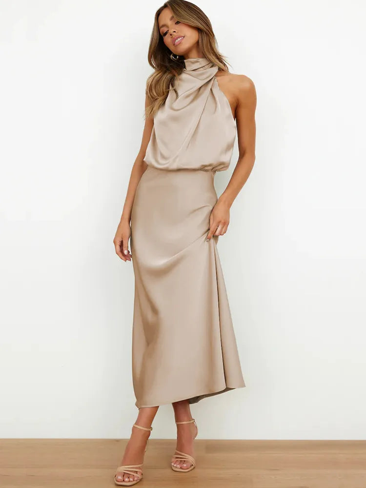 Satin Dress - Sleeveless - High Neck - Midi Dress - Elegant Dress-Grace Aura