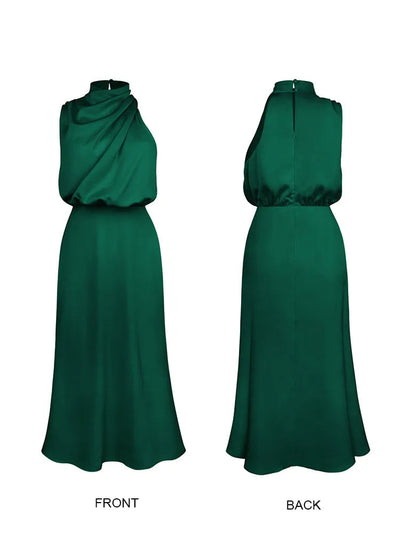 Satin Dress - Sleeveless - High Neck - Midi Dress - Elegant Dress-Grace Aura